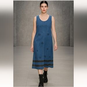 Vintage Denim Jean Jumper Dress Medium GUC Gold Trim